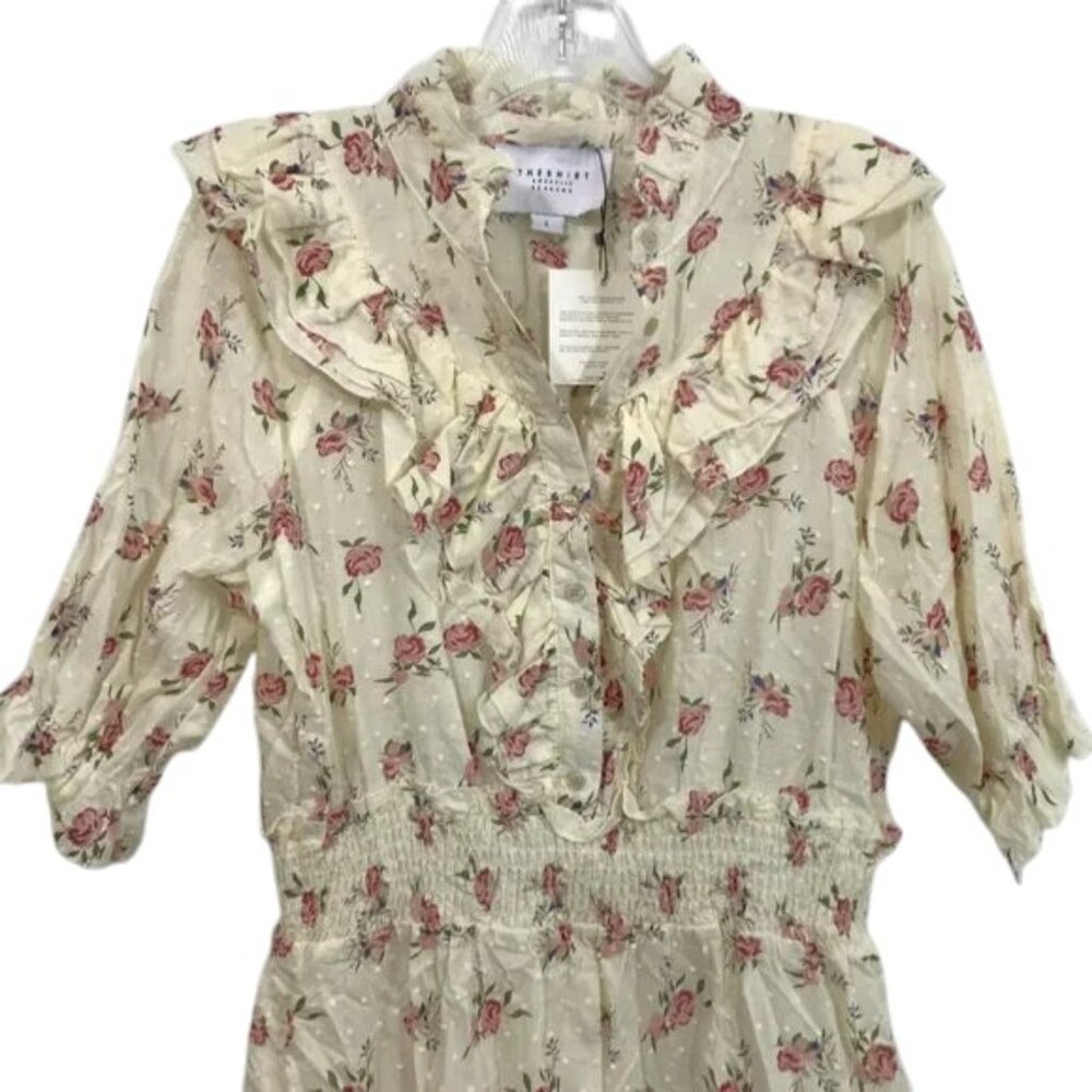 THE SHIRT Rochelle Behrens Floral Summer Dress L Swiss Dot Ruffle Mini NEW